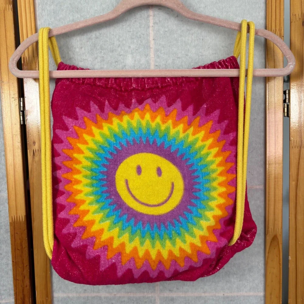 VTG Retro Groovy Rainbow Smiley‎ Face Beach Towel Drawstring Bag Pink 100 Cotton